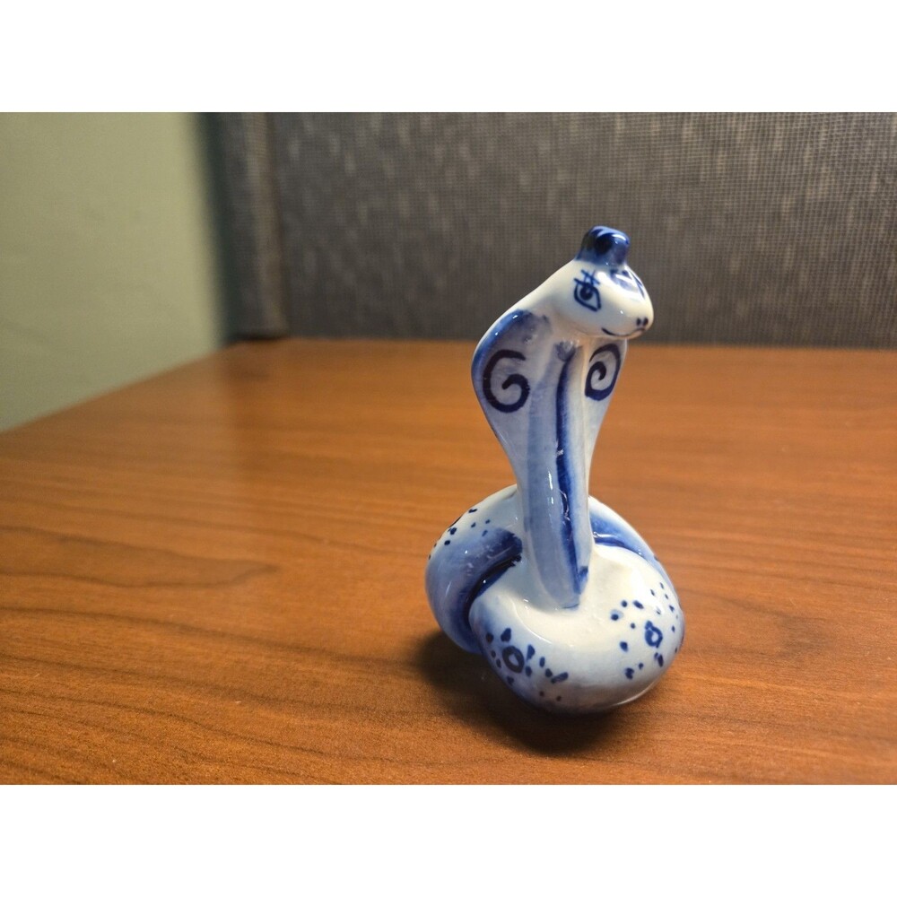 Vintage Blue & White GZHEL Russia Cobra Snake Ceramic Figurine. Handmade